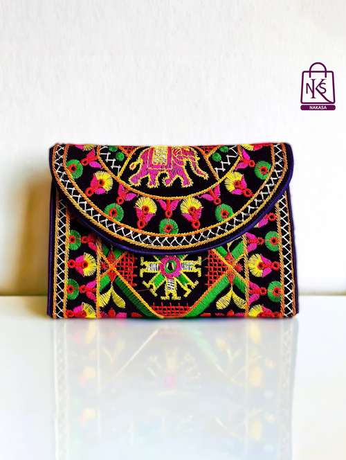 women velvet embroidery clutch with flap closure
