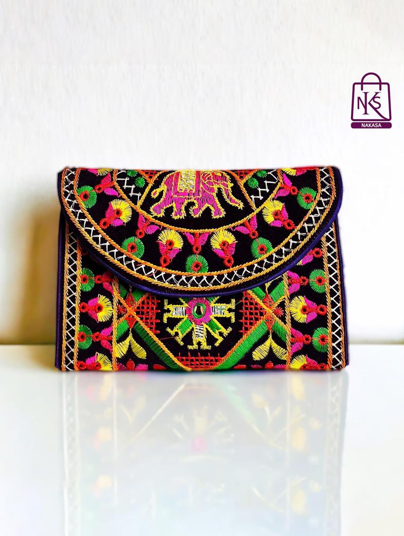 women velvet embroidery clutch with flap closure - 22033611 - Zoom Image - 0