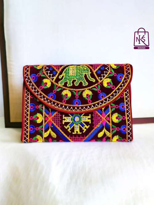 women velvet embroidery clutch with flap closure