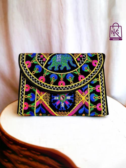 women velvet embroidery clutch with flap closure - 22033613 - Standard Image - 0