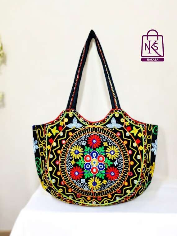 women floral embroidered tote bag