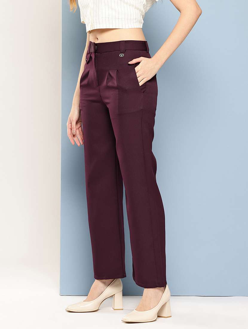 women solid mid rise straight trouser - 22033696 -  Standard Image - 1