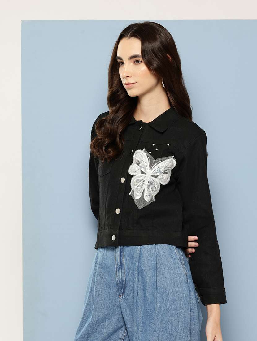 women solid with work long sleeve denim jacket - 22033737 -  Standard Image - 1