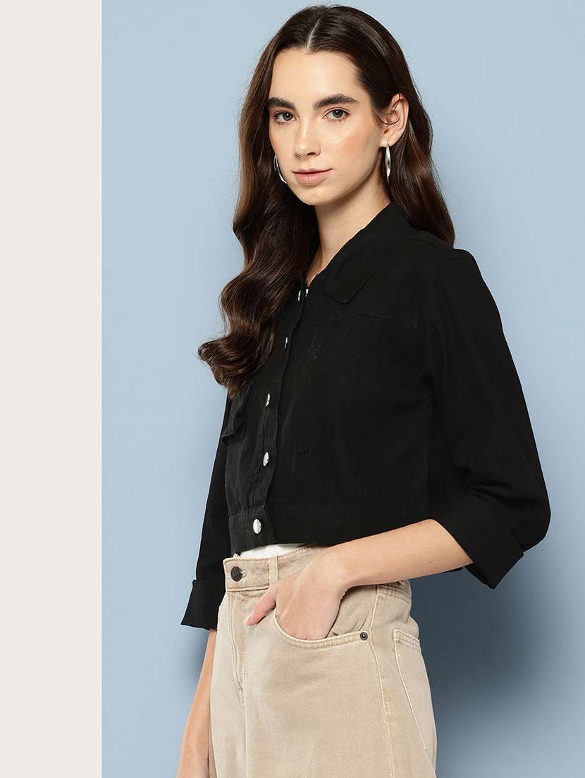 women solid long sleeve denim jacket - 22033741 - Standard Image - 1