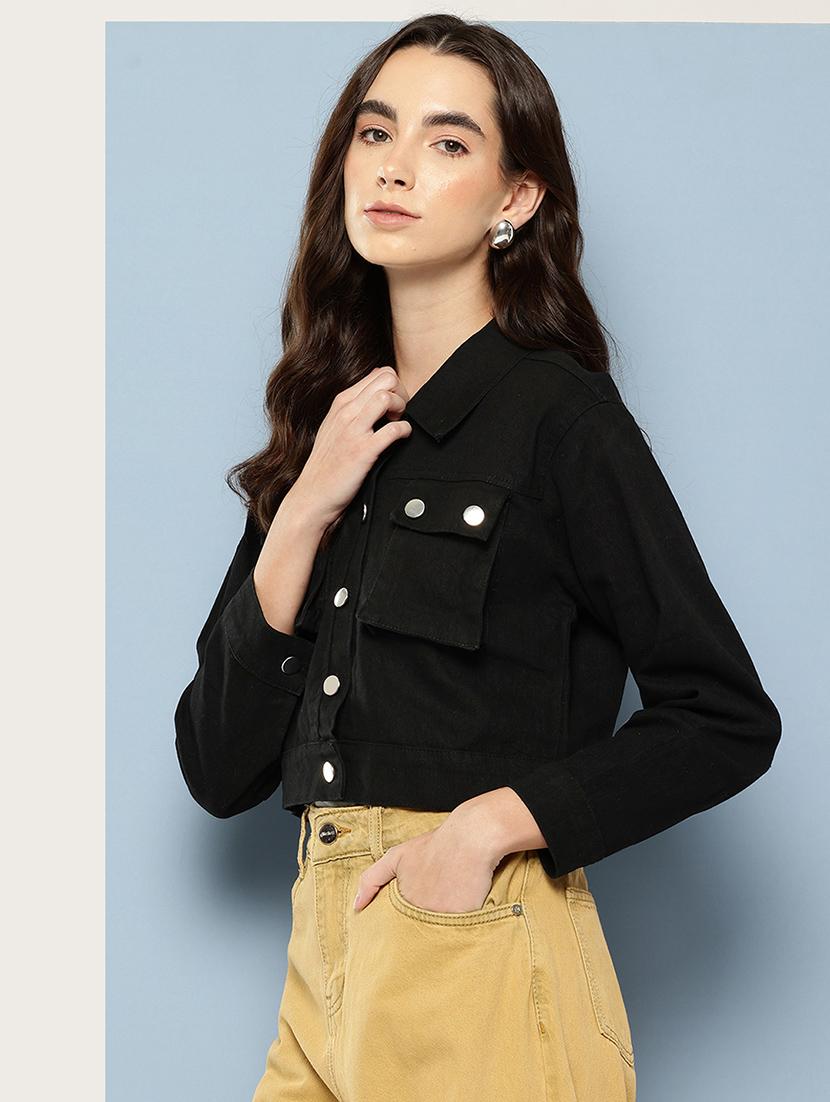 women solid long sleeve denim jacket - 22033742 - Standard Image - 1