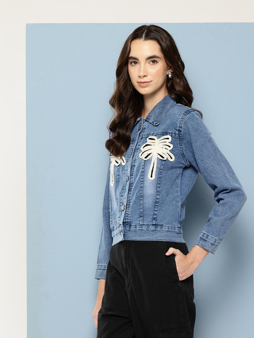 women solid with work long sleeve denim jacket - 22033744 - Standard Image - 1
