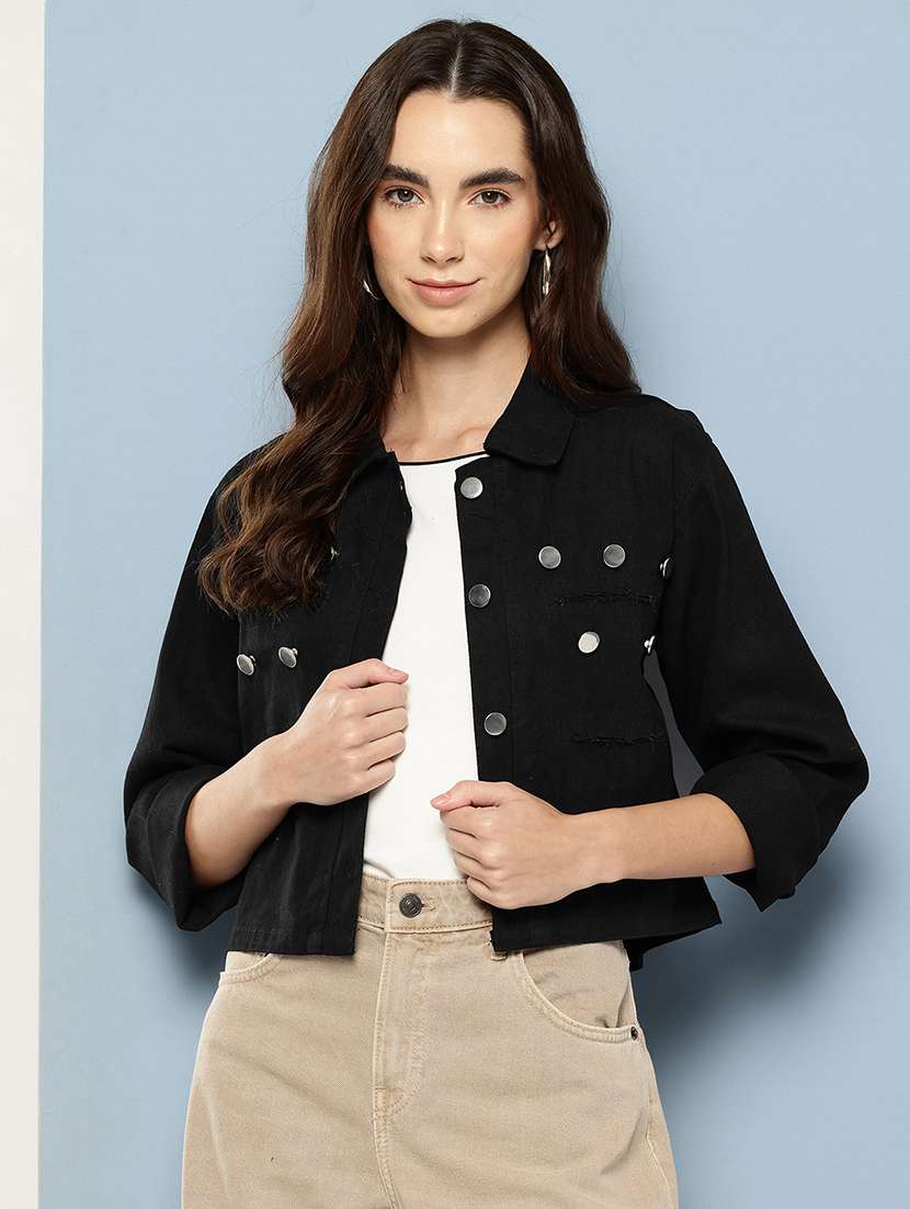 women solid long sleeve denim jacket