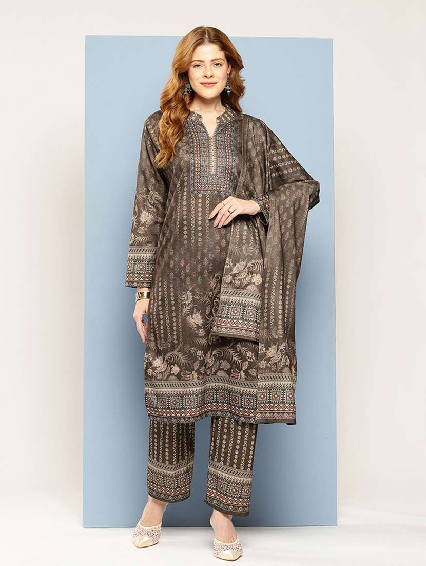 women self design long sleeve kurta pant with dupatta set