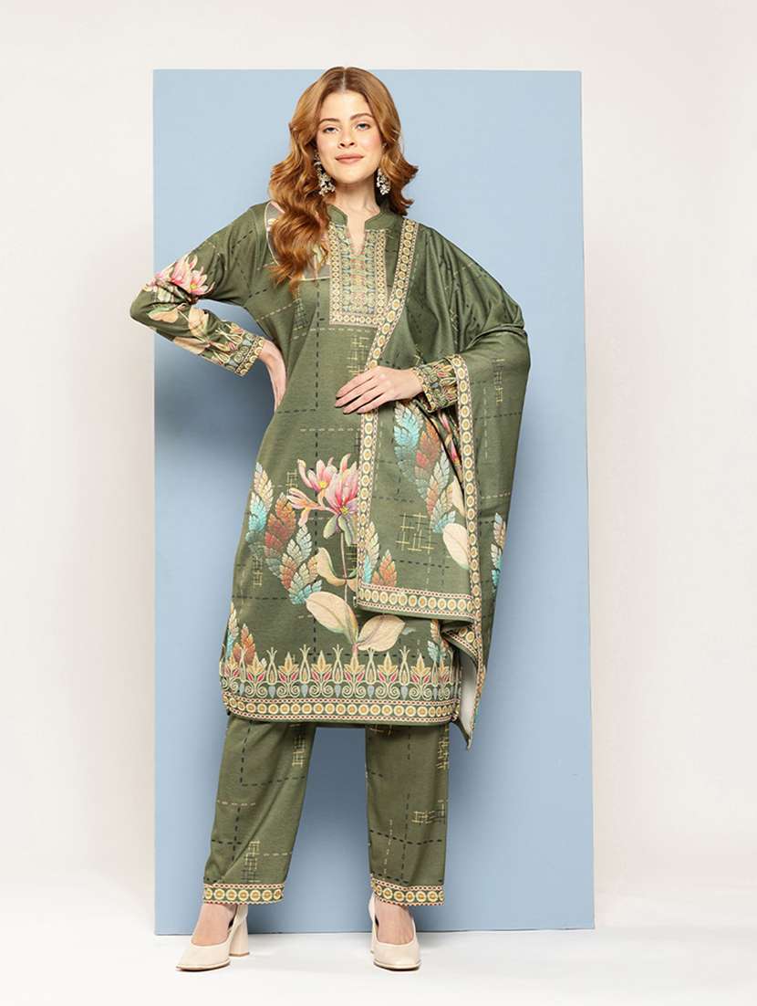 women self design long sleeve kurta pant with dupatta set