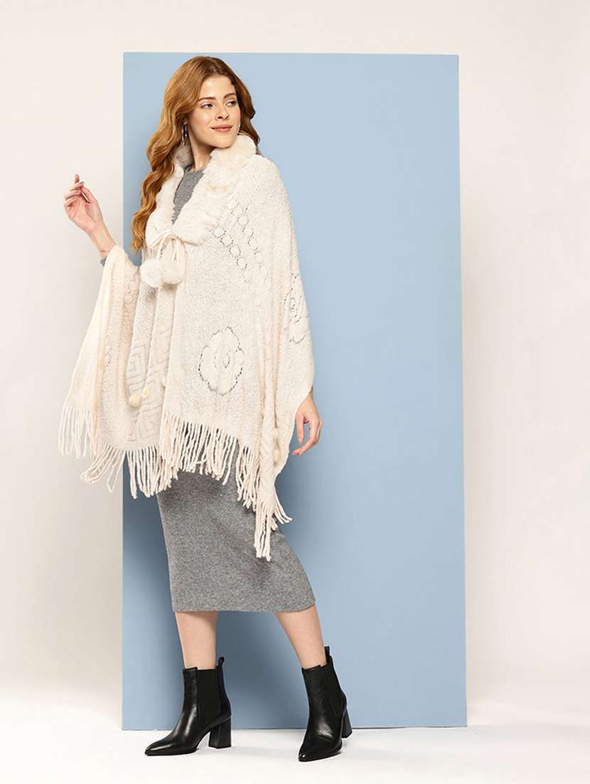 women self designed beige wool poncho - 22033764 - Standard Image - 1