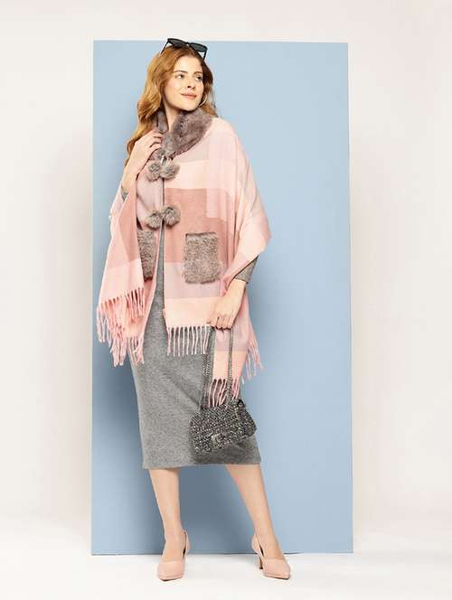 women self designed peach wool poncho - 22033765 - Standard Image - 0