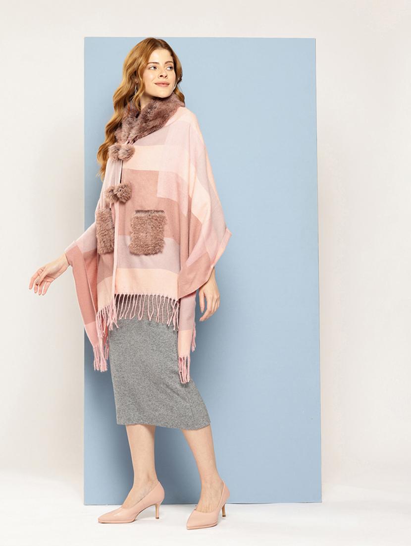 women self designed peach wool poncho - 22033765 -  Standard Image - 1