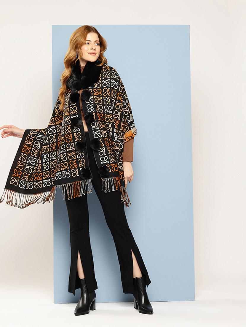 women self designed black wool poncho - 22033767 -  Standard Image - 1