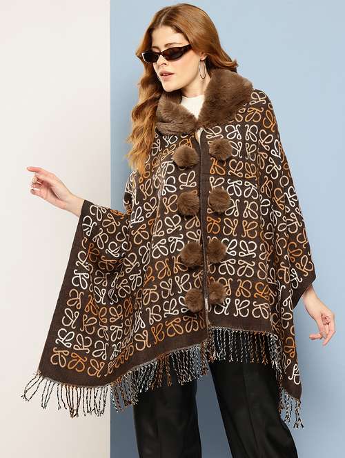 women self designed brown wool poncho