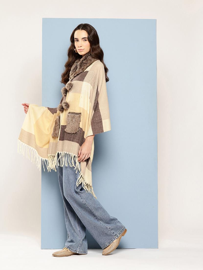 women self designed beige wool poncho - 22033769 - Standard Image - 1