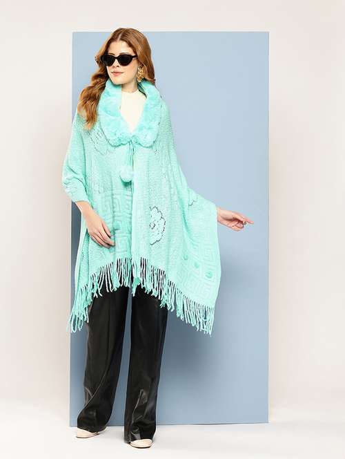 women self designed turquoise wool poncho