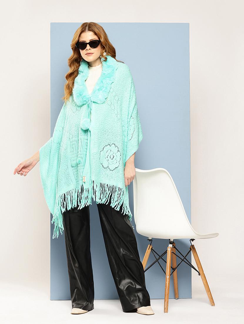 women self designed turquoise wool poncho - 22033770 - Standard Image - 1
