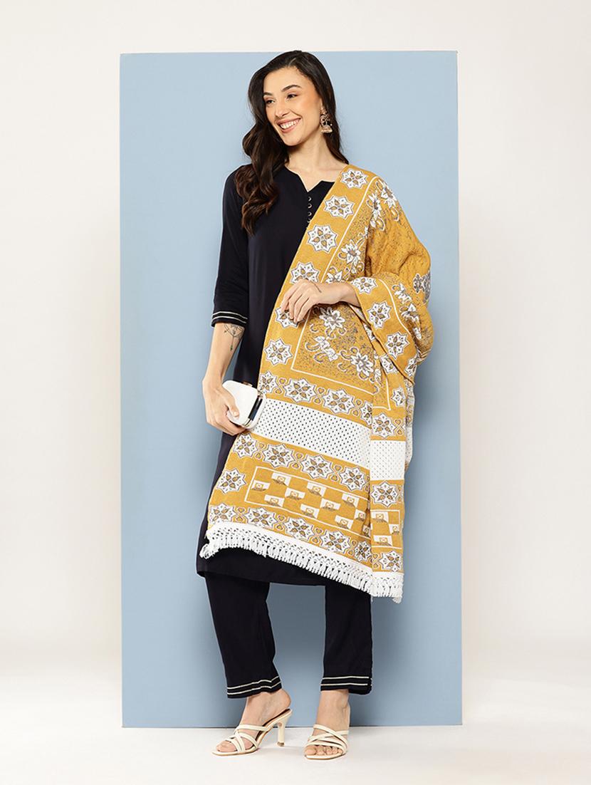 women self designed mustard wool stole - 22033773 -  Standard Image - 1
