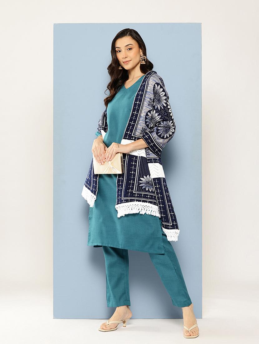 women self designed navy blue wool stole - 22033774 -  Standard Image - 1
