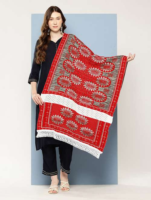 women self designed beige red stole