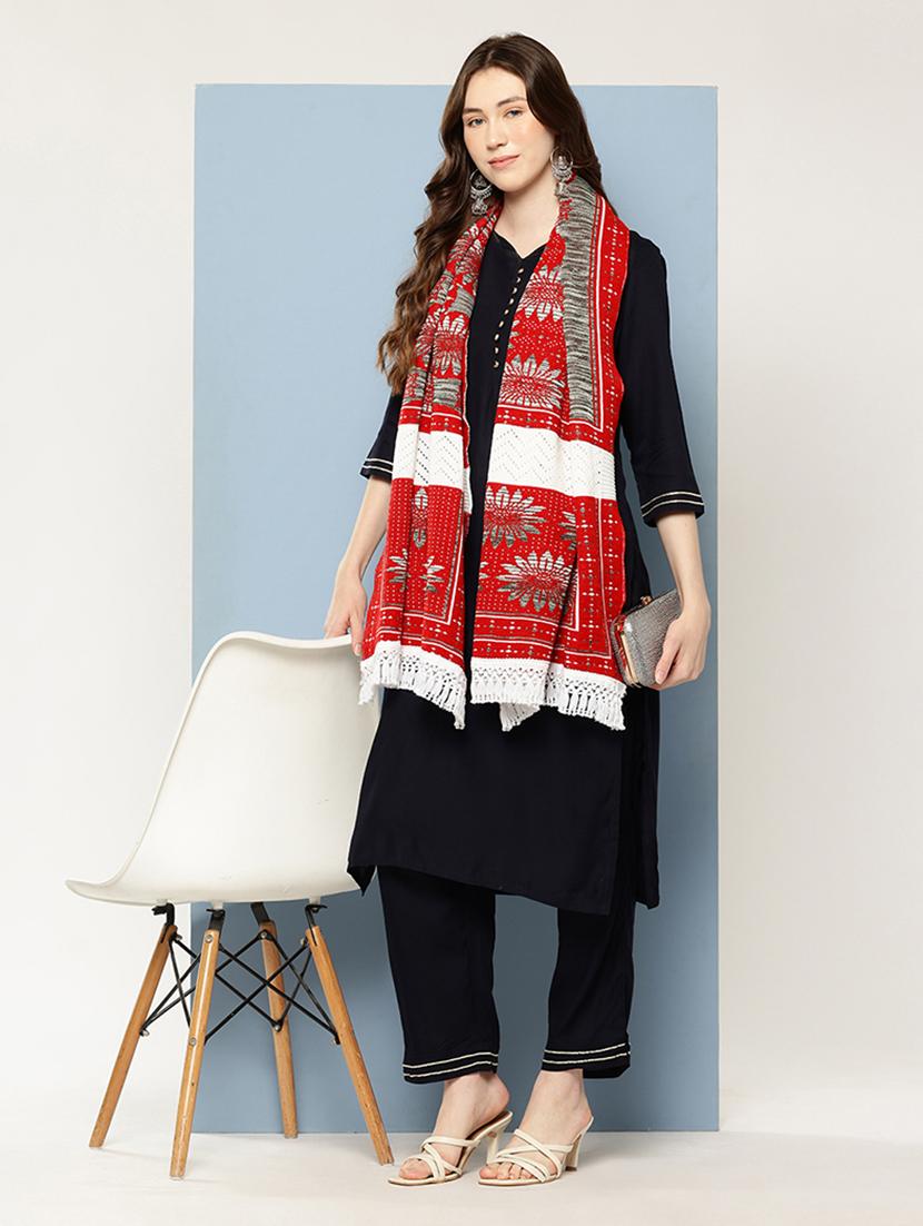 women self designed beige red stole - 22033775 -  Standard Image - 1