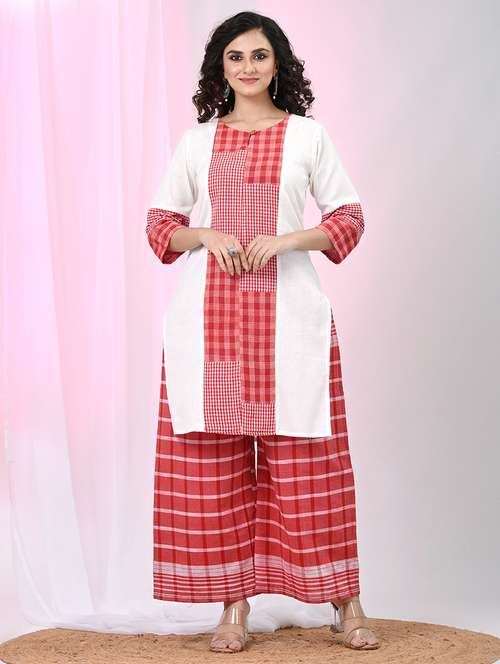women checkered three quarter sleeve kurta palazzo set - 22033976 -  Standard Image - 0