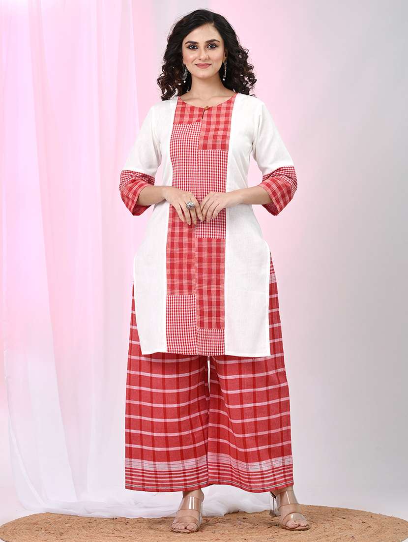 women checkered three quarter sleeve kurta palazzo set