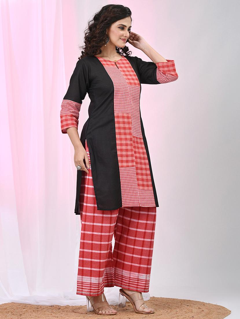 women checkered three quarter sleeve kurta palazzo set - 22033977 - Standard Image - 1