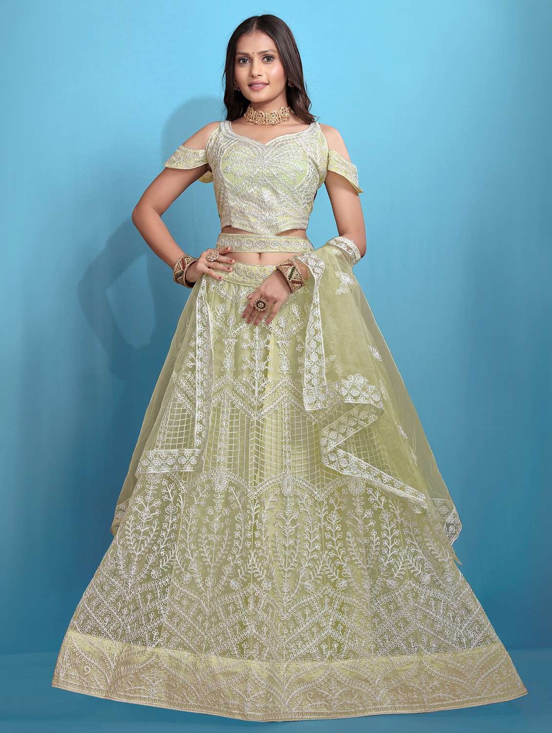 women embroidered fared lehenga and choli set