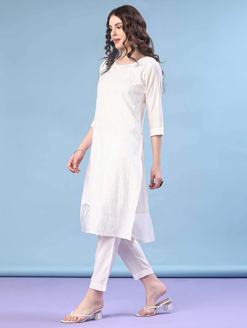 women solid with work three quarter sleeve straight kurta - 22034820 -  Standard Image - 1