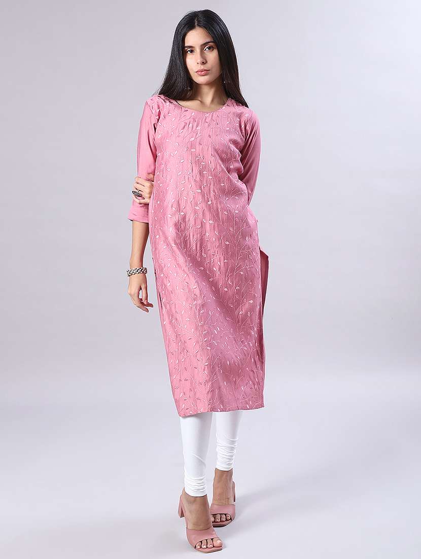 women solid with work three quarter sleeve straight kurta