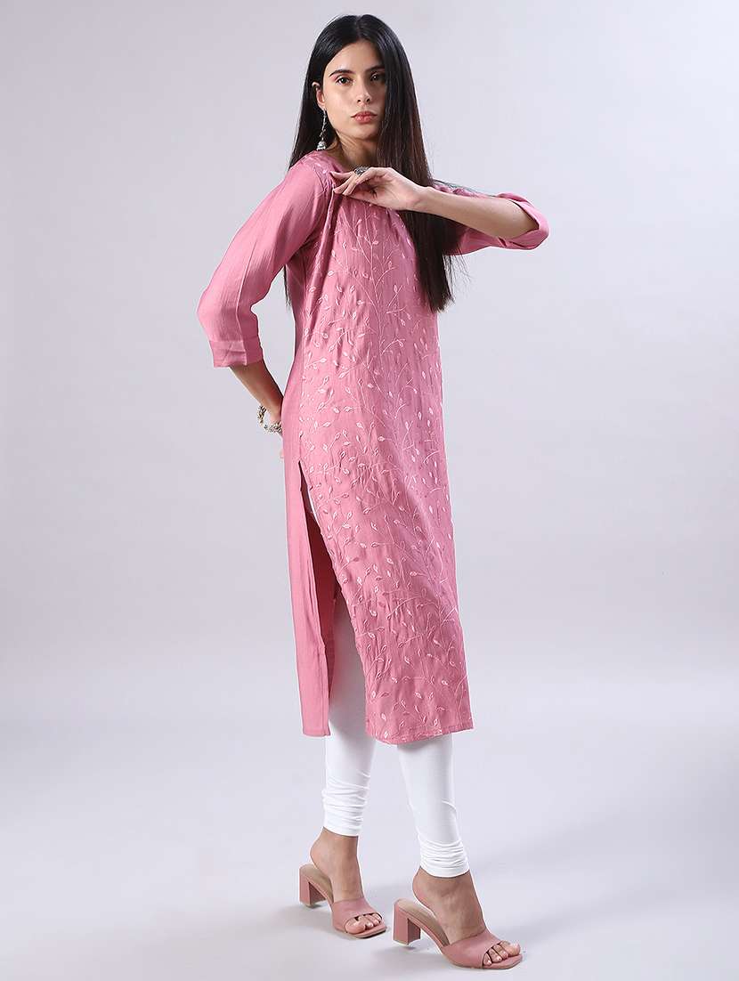 women solid with work three quarter sleeve straight kurta - 22034821 -  Standard Image - 1