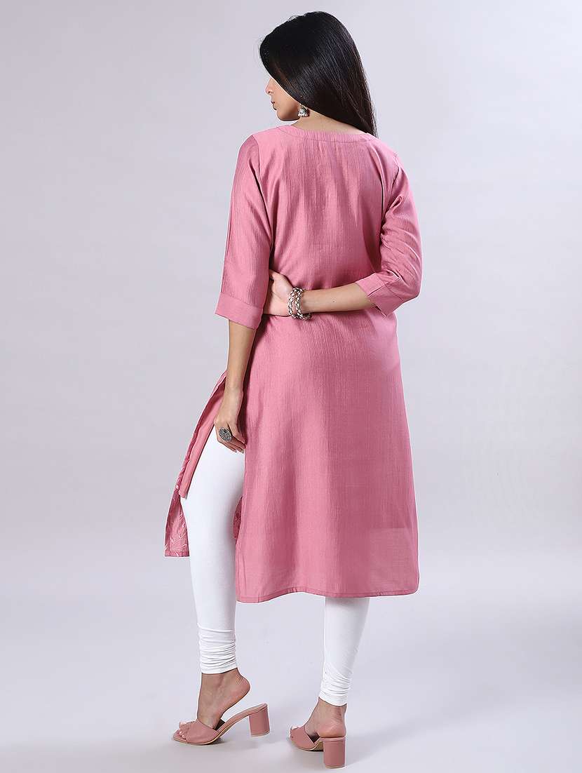 women solid with work three quarter sleeve straight kurta - 22034821 -  Standard Image - 4