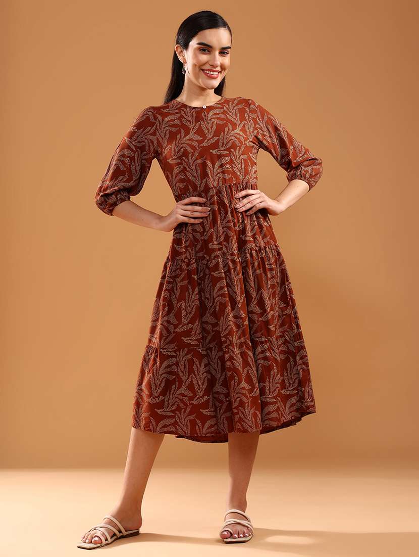 women printed three quarter sleeve tiered dress - 22034857 -  Standard Image - 1