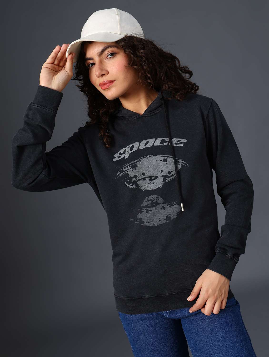 black cotton poly blend chest print sweatshirt