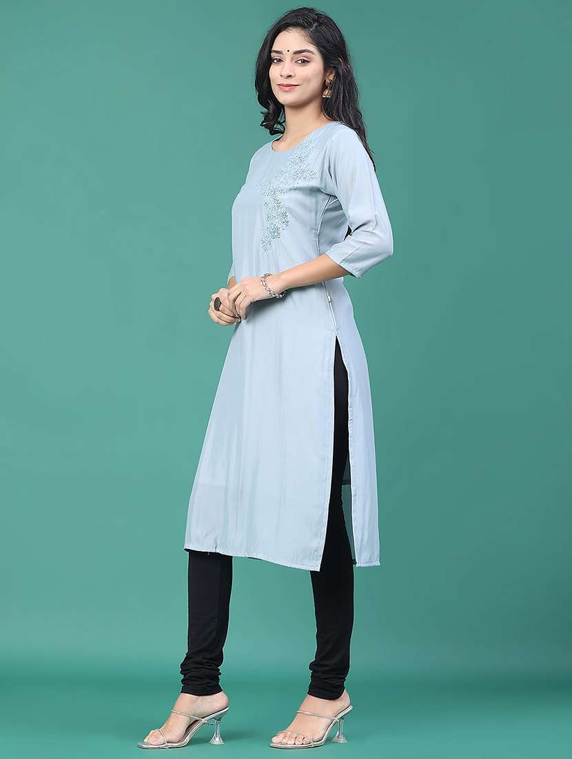 women solid with work round neck kurta legging set - 22035075 -  Standard Image - 4