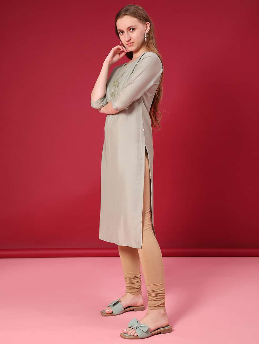 women solid with work three quarter sleeve straight kurta - 22035076 -  Standard Image - 1
