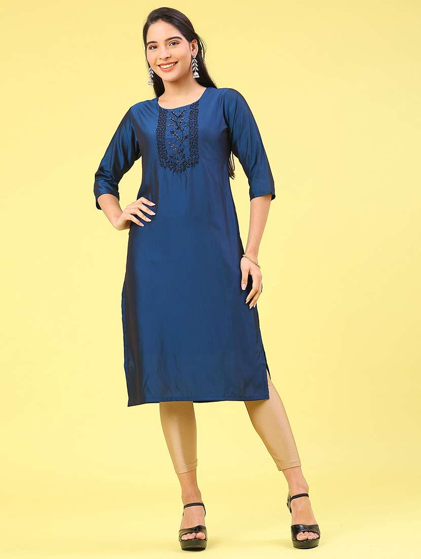 women solid with work three quarter sleeve straight kurta - 22035098 -  Standard Image - 1
