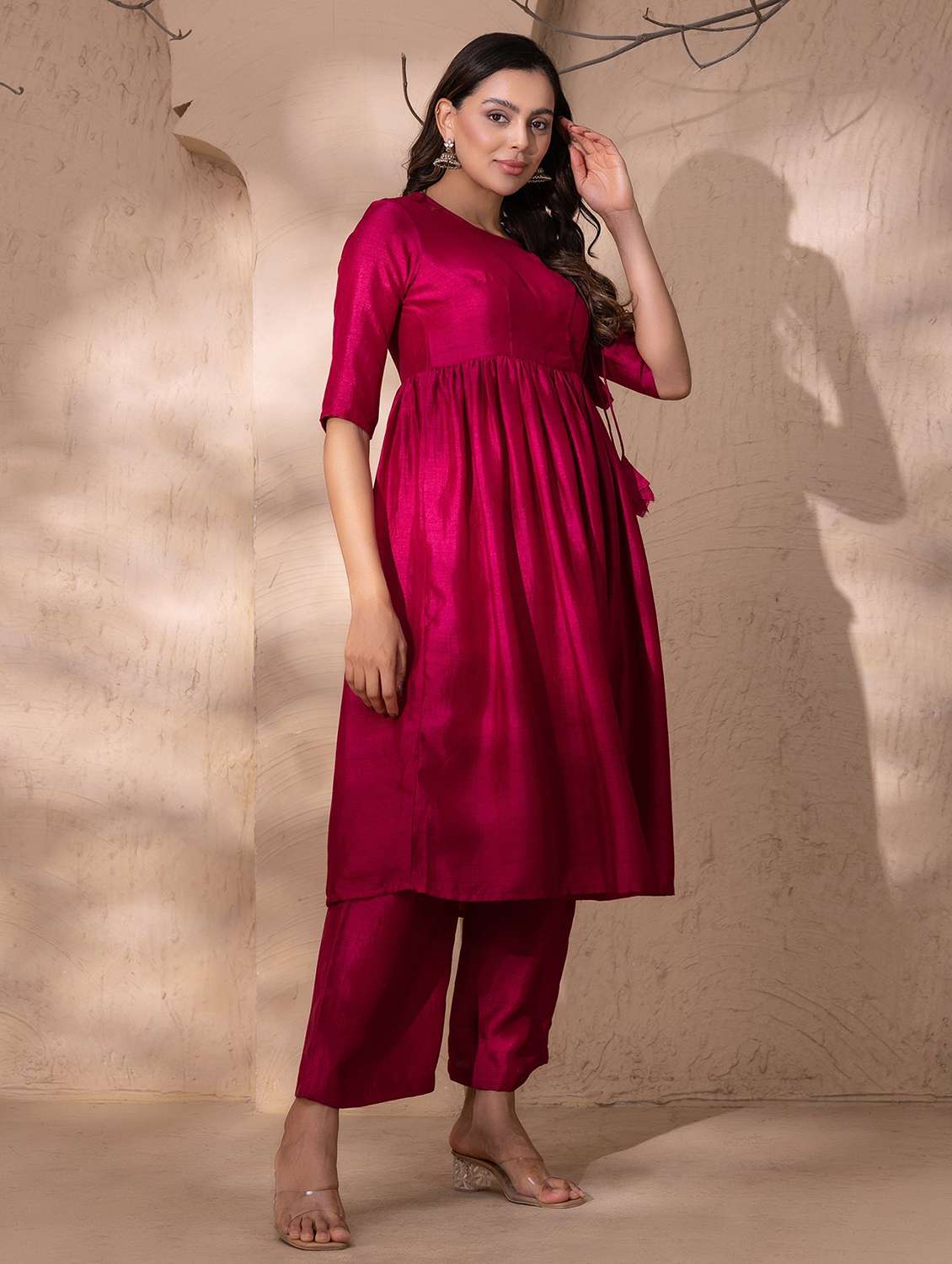 women solid elbow sleeve kurta and palazzo set - 22035110 -  Standard Image - 1