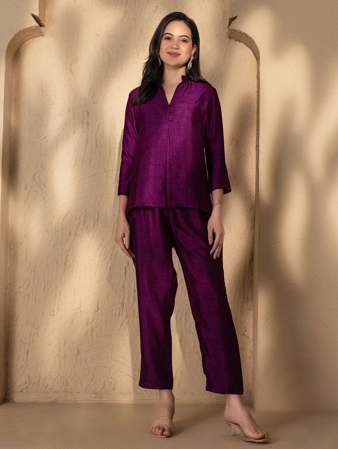 women solid three quarter sleeve ethnic co-ord set