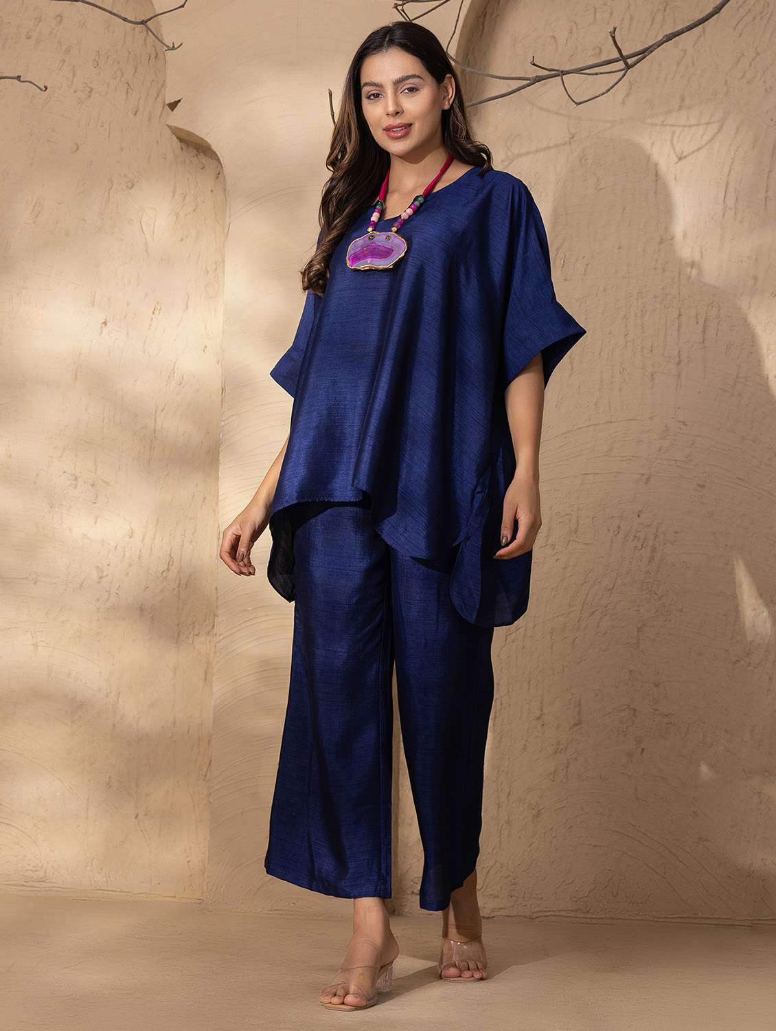 women solid kaftan kurta and pant set