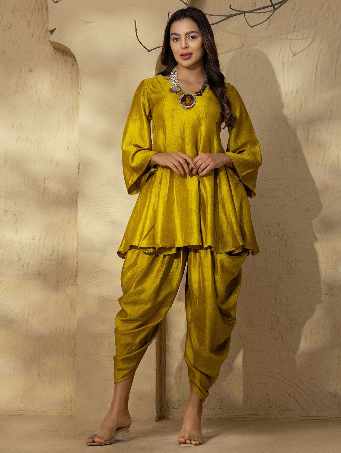 women solid bell sleeve dhoti and kurta set