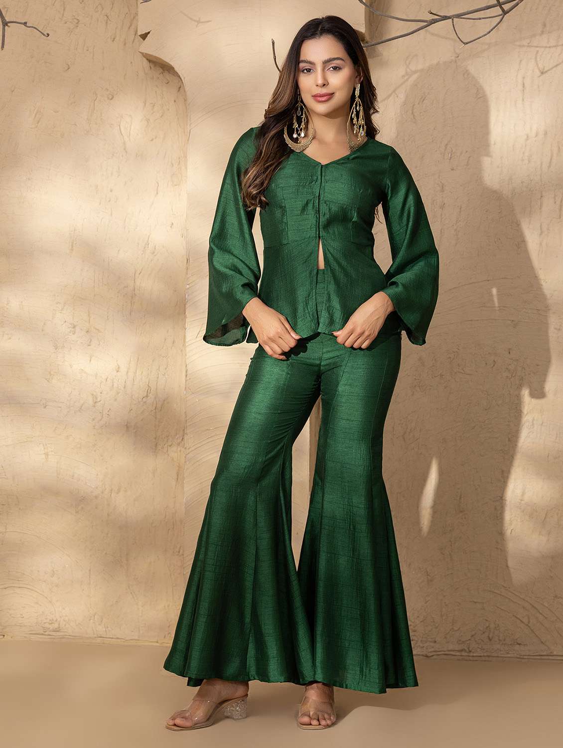 women solid bell sleeve ethnic co-ord set