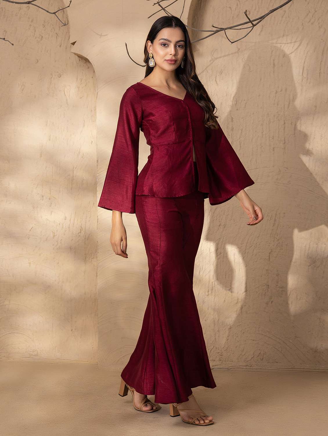 women solid bell sleeve ethnic co-ord set - 22035129 - Standard Image - 1