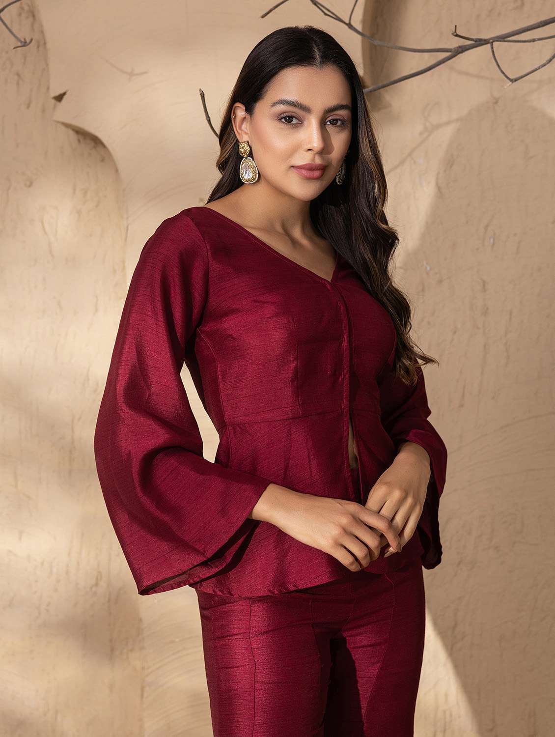 women solid bell sleeve ethnic co-ord set - 22035129 - Standard Image - 4