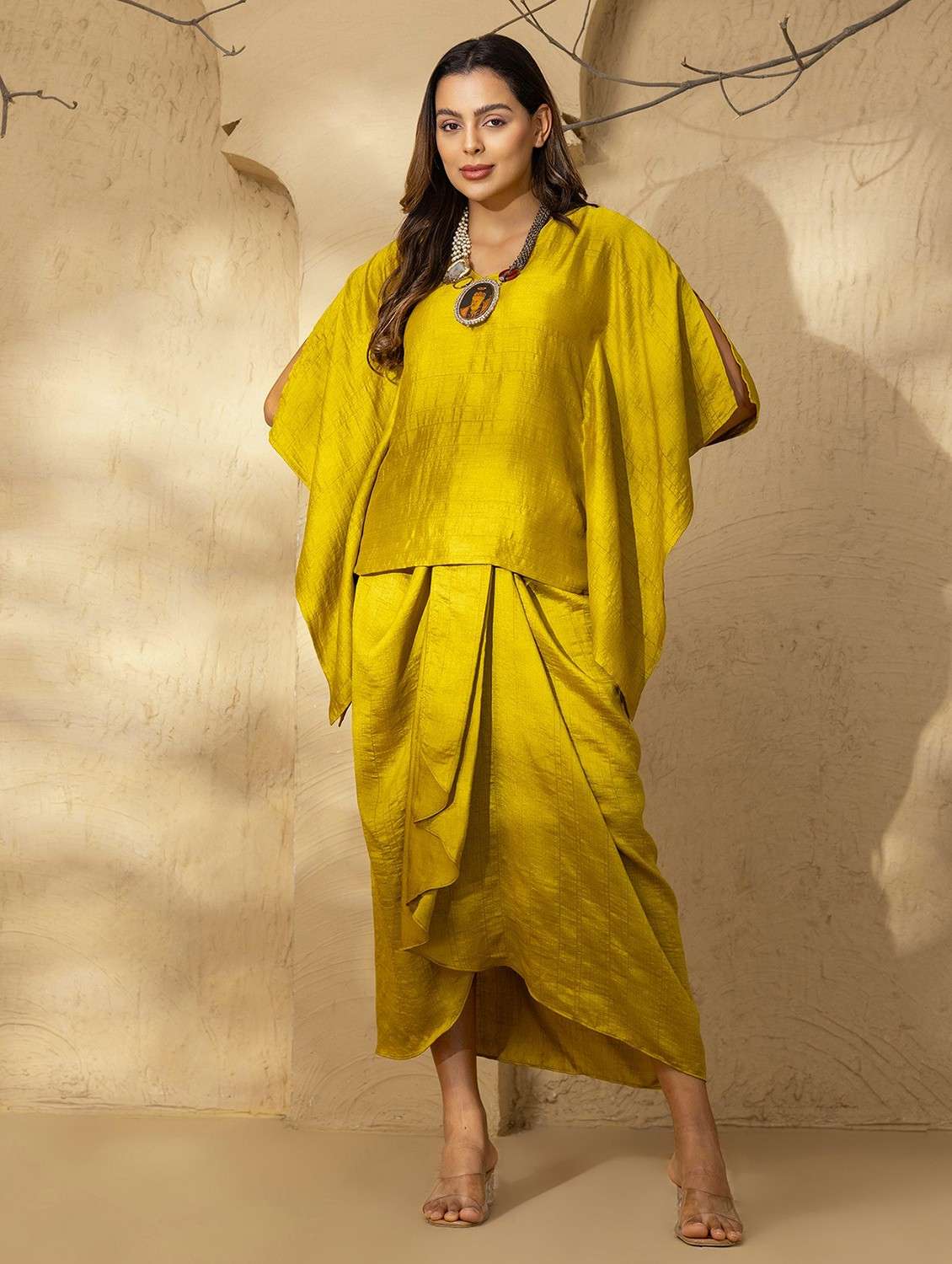 women solid kimono sleeve ethnic co-ord set