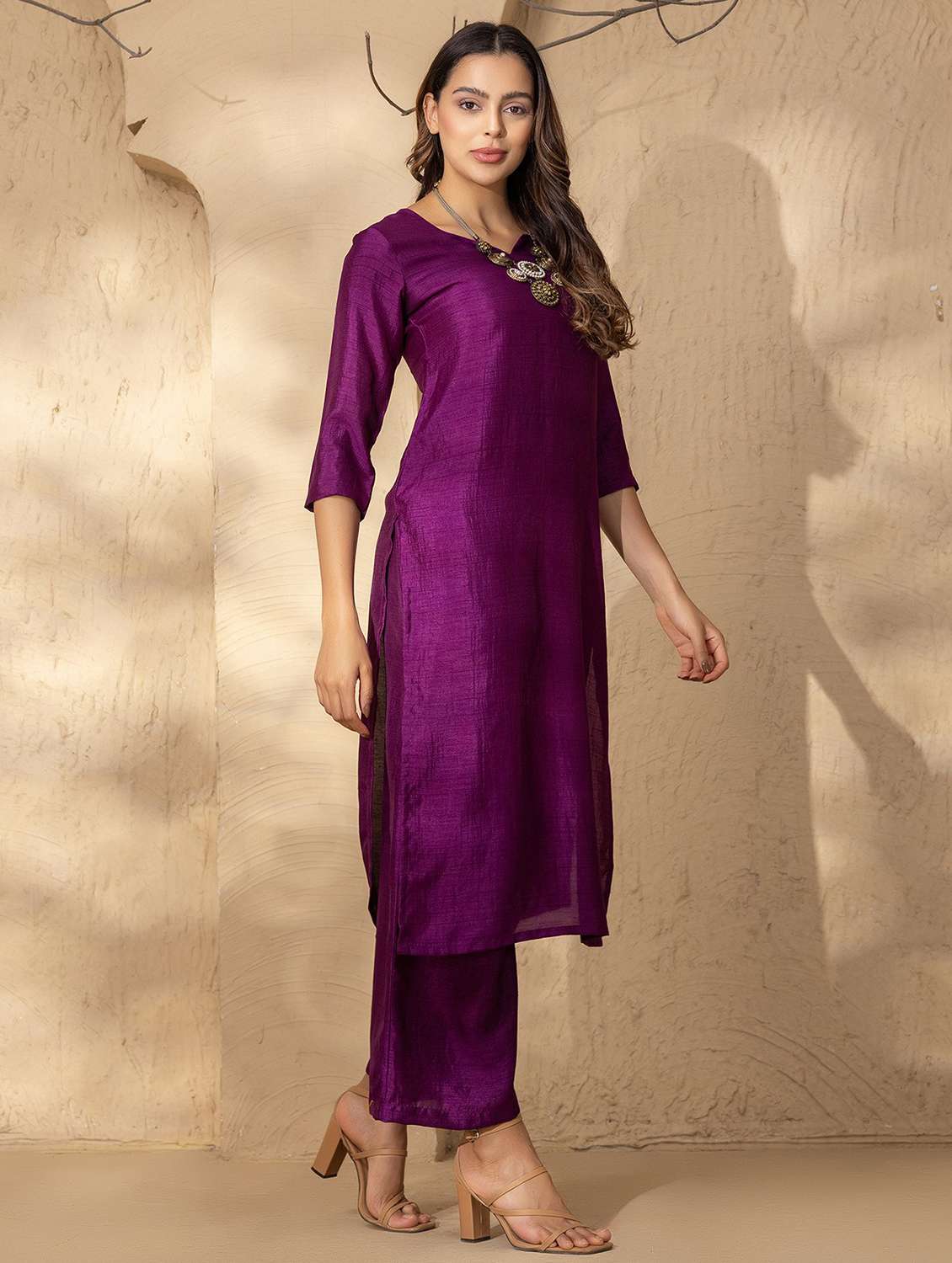 women three quarter sleeve kurta and palazzo co-ord set - 22035138 -  Standard Image - 1