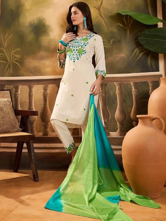 women embroidered three quarter sleeve kurta pant with dupatta set - 22035142 -  Standard Image - 1