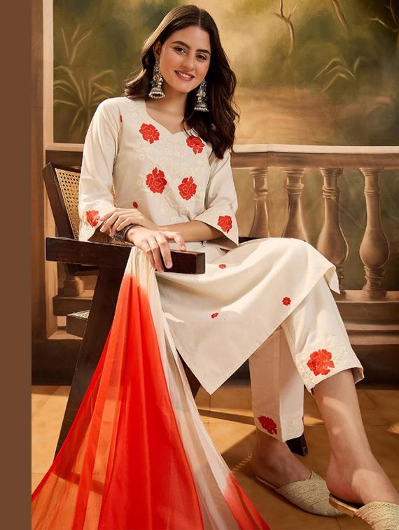 women embroidered three quarter sleeve kurta pant with dupatta set - 22035143 -  Standard Image - 1