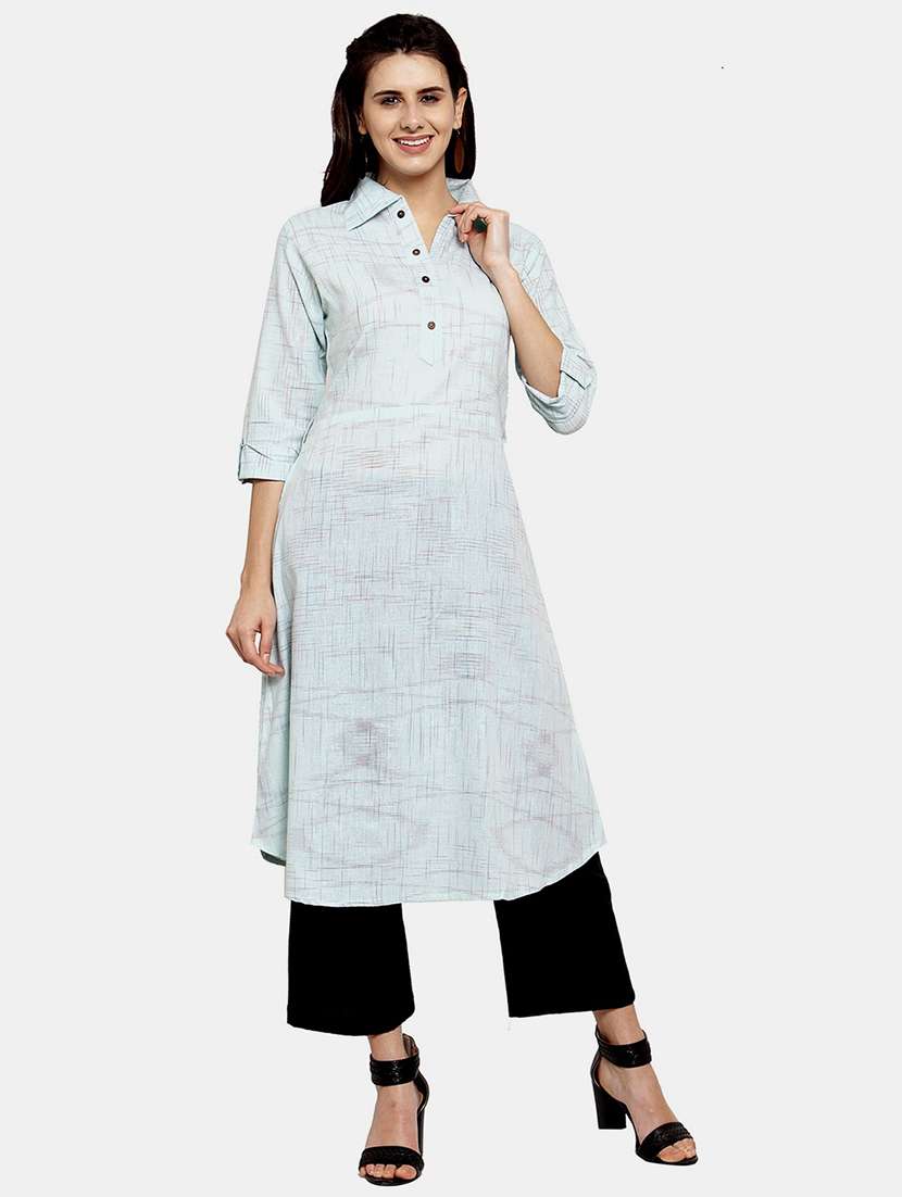 women self design roll up sleeve a-line kurta